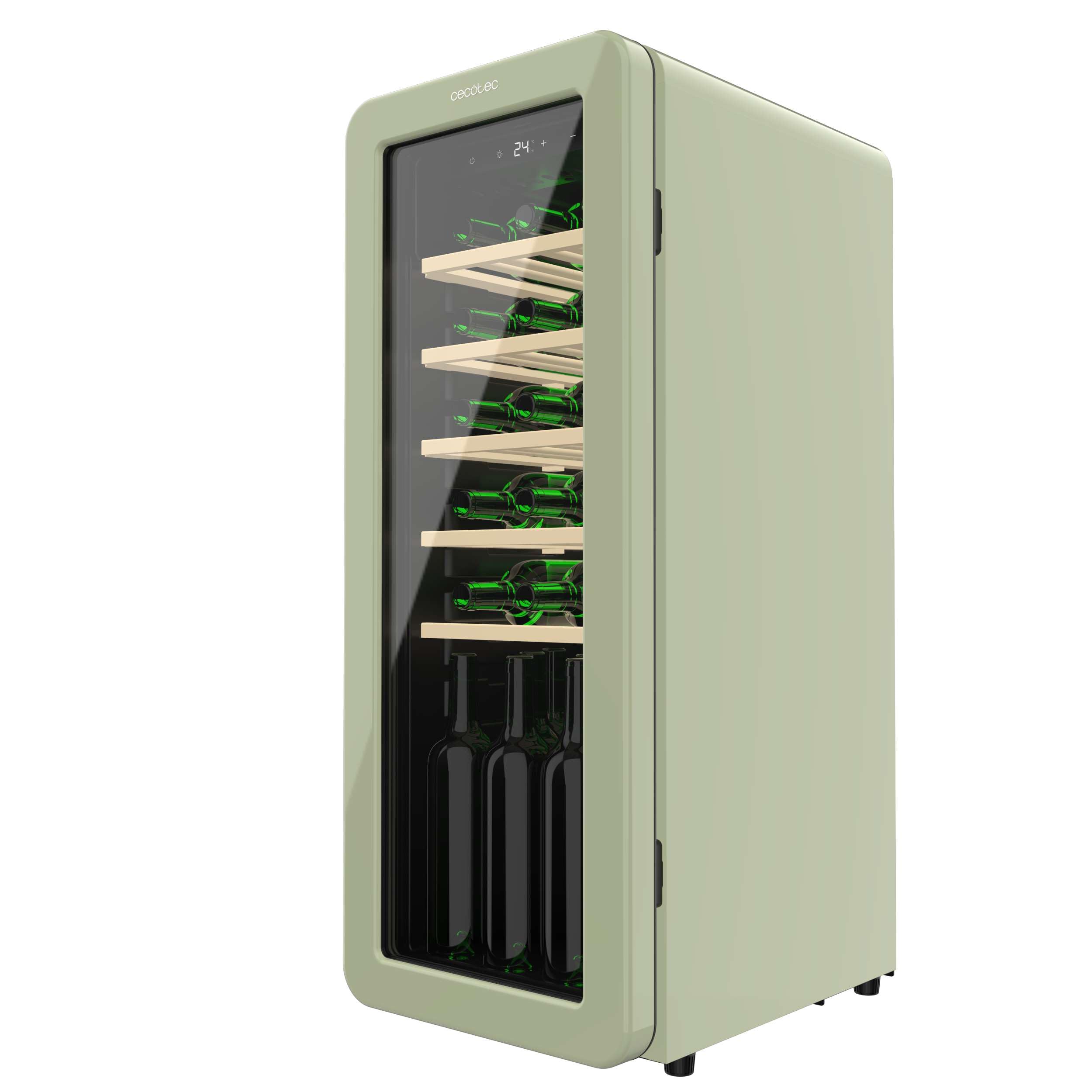 Cecotec Cantinetta 24 Bottiglie Retrò Bolero Grandsommelier Origin 24 Hit Green. Finitura Verde Controllo Led, Temp. 5-20ºC, NoFrost, Ripiani In Legno, Luce Interna, Ventilazione