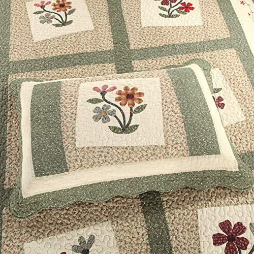 Vctops 3 Piece Embroidered Floral Quilted Bedspread Quilt Set 100% Cotton Reversible Patchwork Coverlet Set 1 Quilt And 2 Pillow Shams (Green,Queen) #TOP2