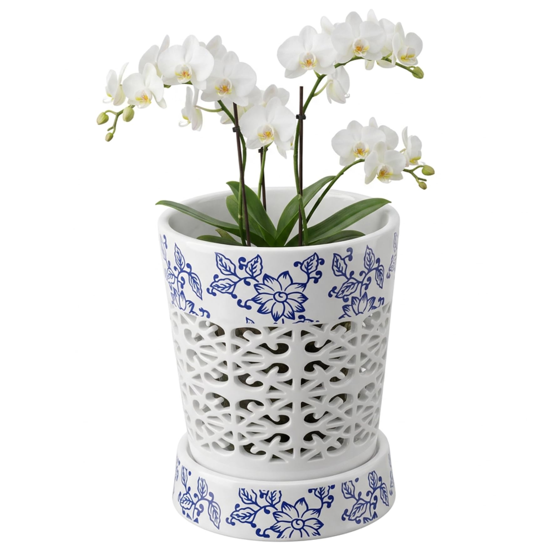 Vistnale Orchid Pots|Orchid Planter, Ceramic Pots with Drainage Holes and Saucer 4 Inch Breathable for Healthy Growth, Elegant Home Decor