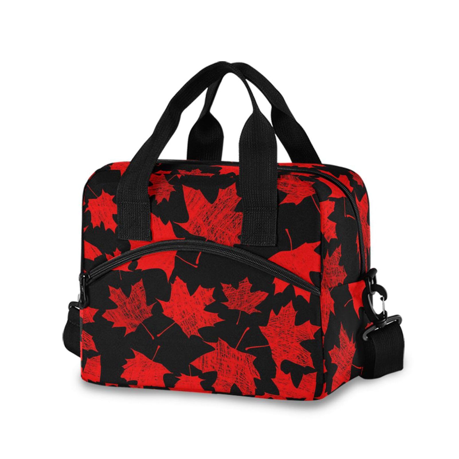 Sinestour Insulated Lunch Bag Reusable Cooler Maple Leaf Red Lunch Box Adjustable Shoulder Strap for School Office Picnic