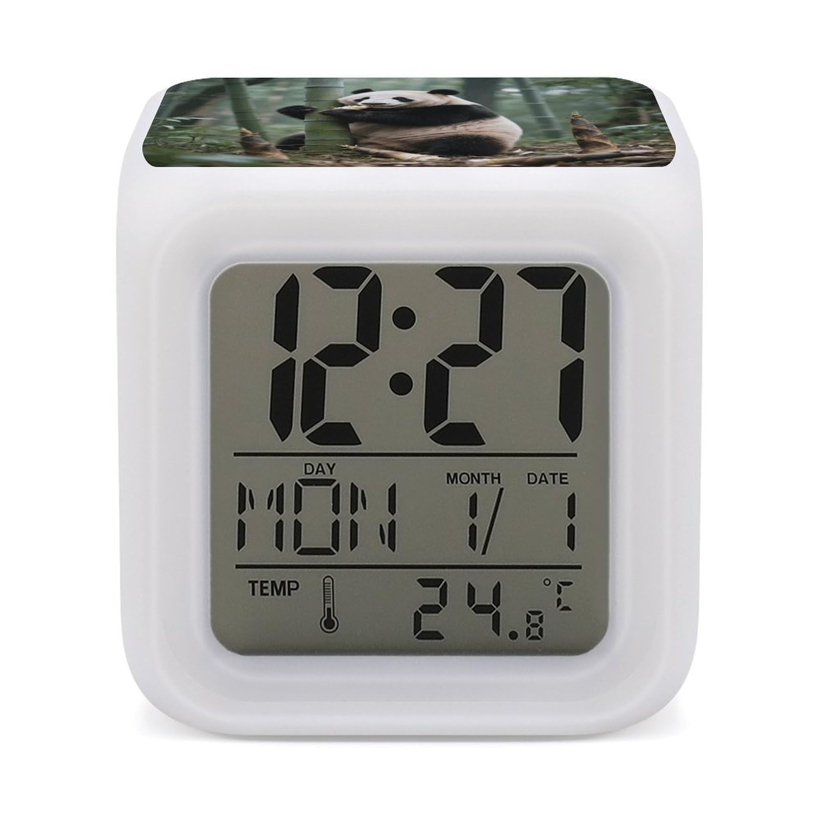 FodPand 7 Color Ambient Night Light Cube Battery Operated Panda Digital Clock with Snooze Temperature LED Digital Alarm Clocks Dimmable Wake Up Light Portable Mood Lamp for Bedroom Desk Gift