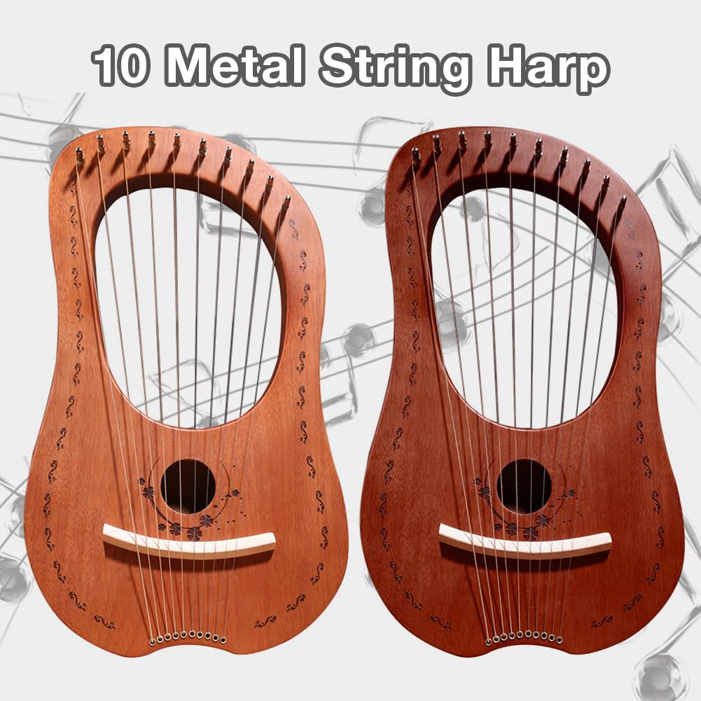 Lyre Harp - Strumento portatile portatile di alta qualità in legno di | mogano con dieci corde in acciaio metallico, strumento folk musicale a corda compatta | Musica celtica pratica