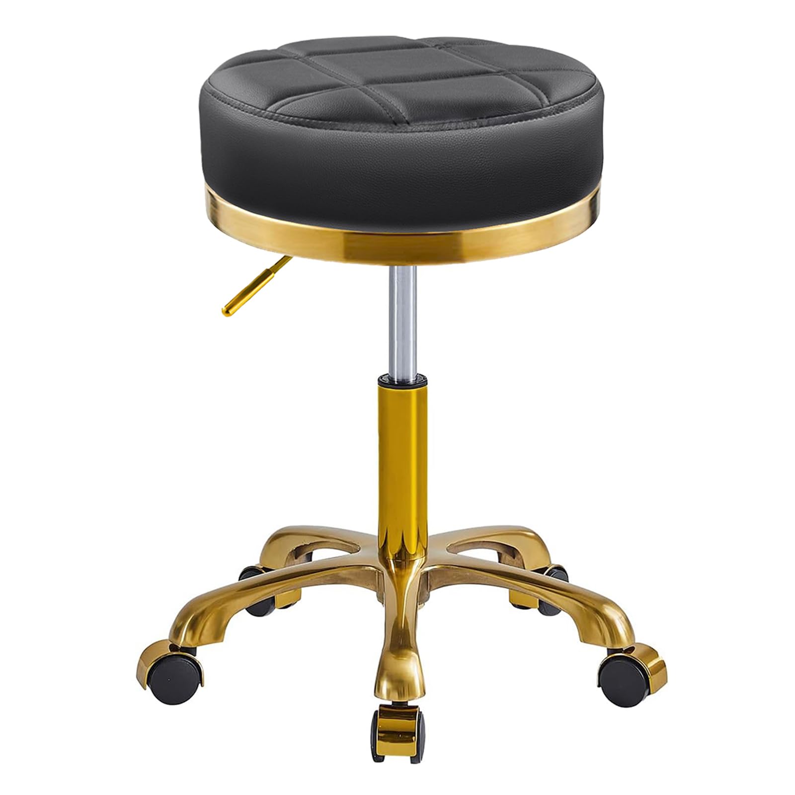 Sgabello con Ruote Oro Rotondo Girevole Sedia, Regolabile 45-58 cm, Comodo PU Similpelle Sgabelli per Trucco, Ufficio, Estetista, Capacità Carico 400 Libbra (Nero, Senza Schienale)