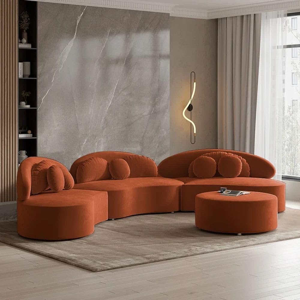 Royal Wood Furnishings/Velvet ushape 7 Seater Modern Classic with Puffy Ottoman White Sofa Set for Living Room Bedroom Home Office (Brown)-image-30