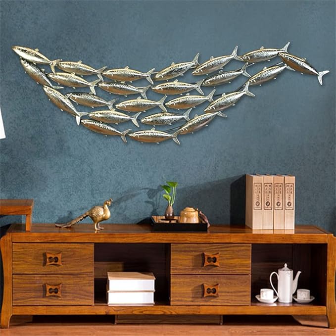 Amazon.co.jp リビングルーム用ウォールアート 3Dメタルフィッシュウォールデコレーション 水をテーマにしたメタルウォール