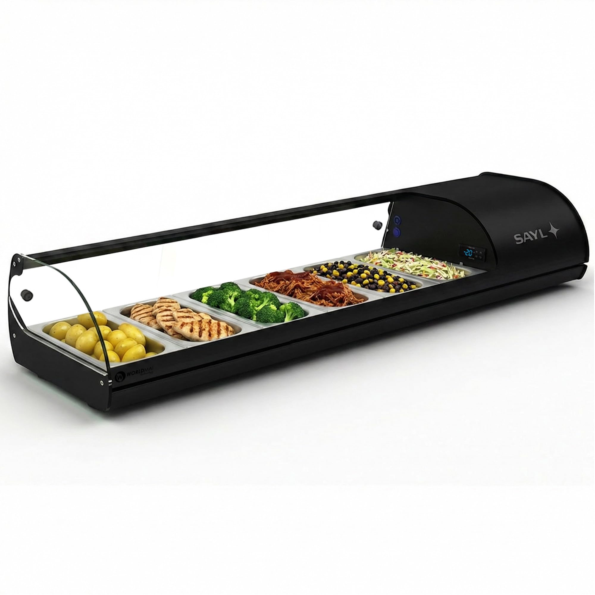 WORLDMAI x SAYL Deckelvitrine 144 x 40 cm 6 Eimer GN 1/3 Gastronomie Professionelle Kühlvitrine mit LED-Beleuchtung für Bar Restaurant