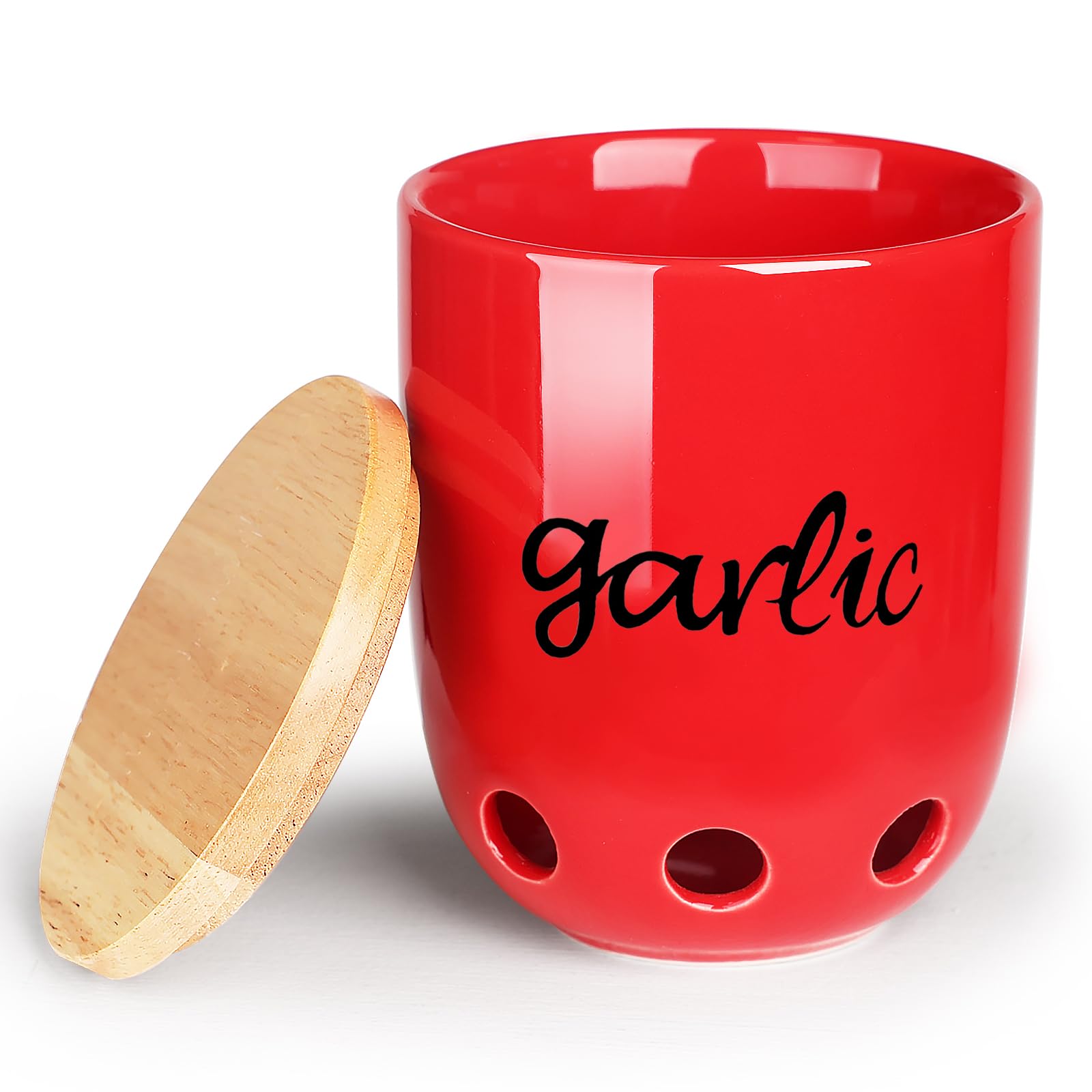 Garlic Keeper for Counter, Ceramic Garlic Saver Container with Wood Lid, Garlic Holder for Kitchen, Garlic Keeper to Keep Your Garlic Cloves Fresh Longer (Red)