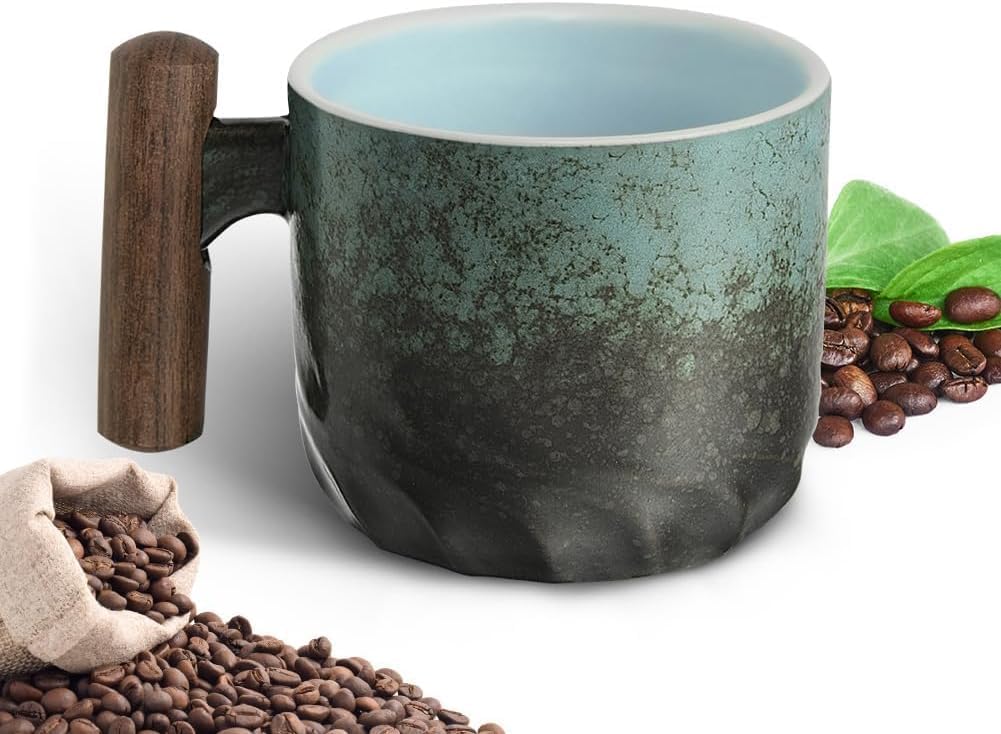 Retro Ceramic Espresso Cups With Wooden Handle, Handmade Glazed Coffee Mugs For Home & Office, Perfect For Tea And Espresso (70ml) - Stylish Porcelain Drinkware Black