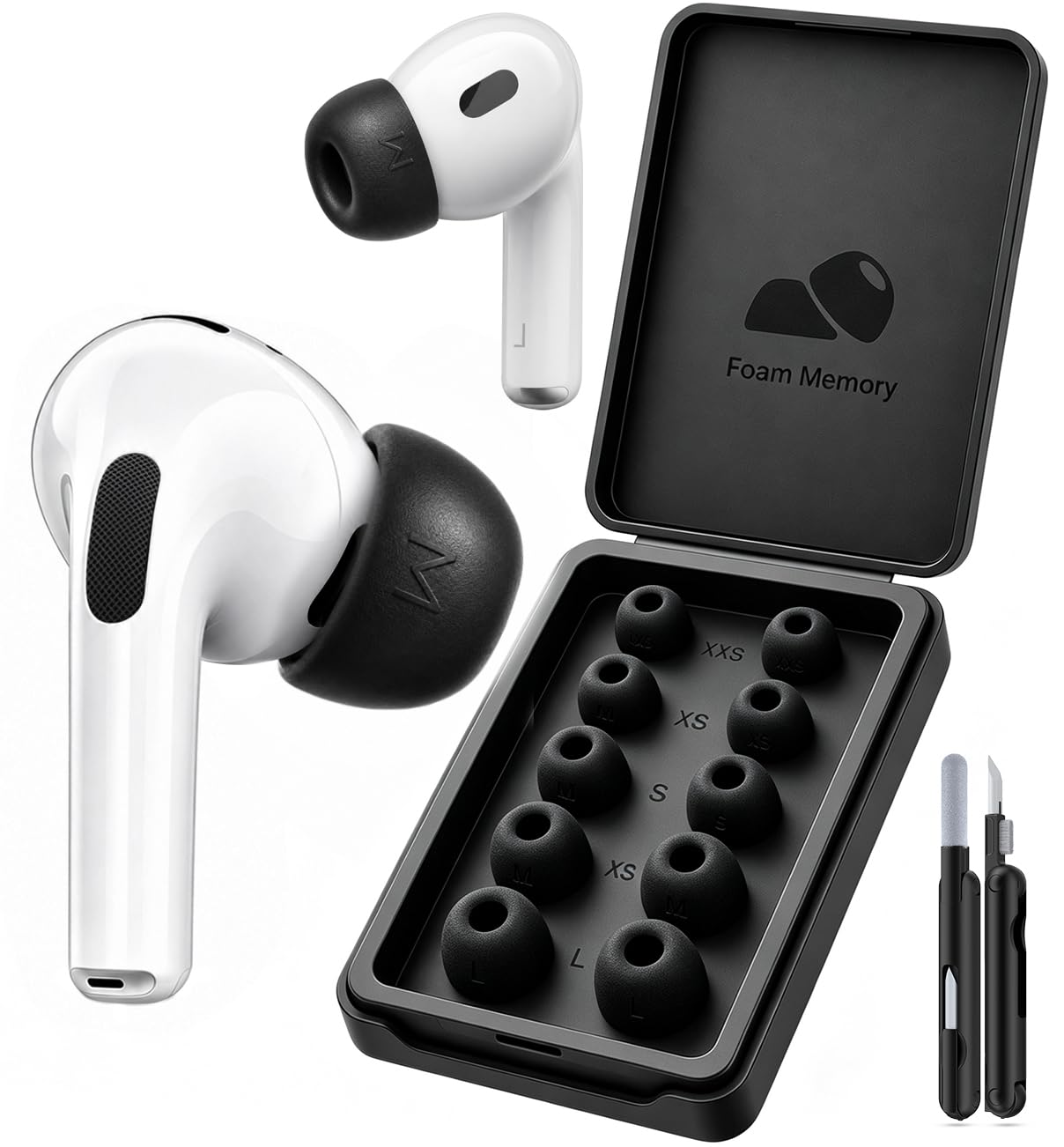 Memory Foam Replacement Ear Tips for AirPods Pro 3 (5-Size)-Black | 5 Pairs Soft Noise Cancelling Replacement Earplugs with Portable Storage Case Box&Cleaning kit