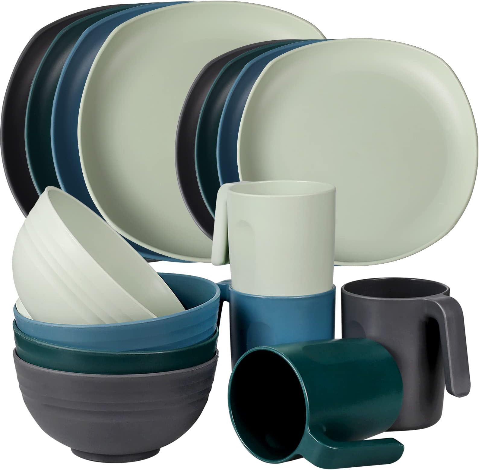 Greentainer Plastic Plates Bowls, Mugs for 4 Lightweight Dinnerware Set for College Dorm/RV Essentials ,Unbreakable 16PC Camping Tableware Set BPA Free Microwave& Dishwasher Safe