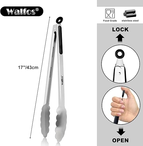Miniatura 8 de Walfos Juego de 2 pinzas de parrilla extralargas de 17 pulgadas, pinzas de acero inoxidable para asar, cocinar, barbacoabarbacoa, bufé y torneado de