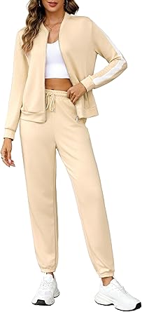 Trainingsanzug, komplettes Set für Damen, 2-teilig, mit Kapuze und Jogginghose, Jogger-Set, Damen, Fitnessstudio, Activewear Y2K, Loungewear, beige, M