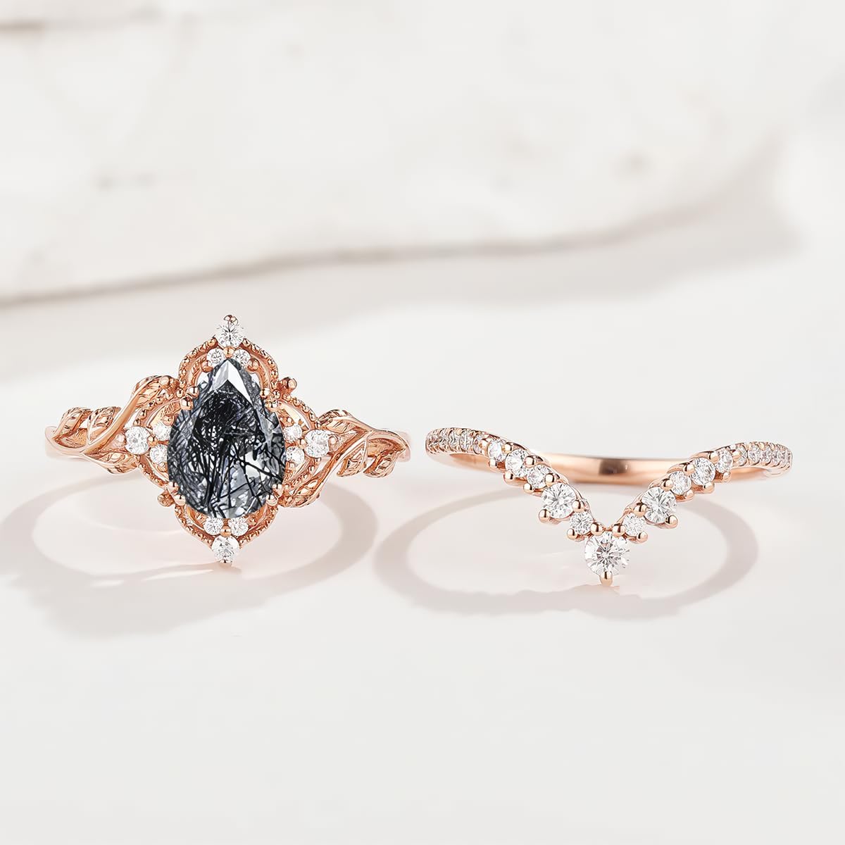 Pear Shape Gemstone Engagement Rings for Women 10K 14K 18K White Yellow Rose Gold Wedding Ring Set Bridal Set 2pcs Leaf V Shaped Wedding Band Anniversary Promise Rings