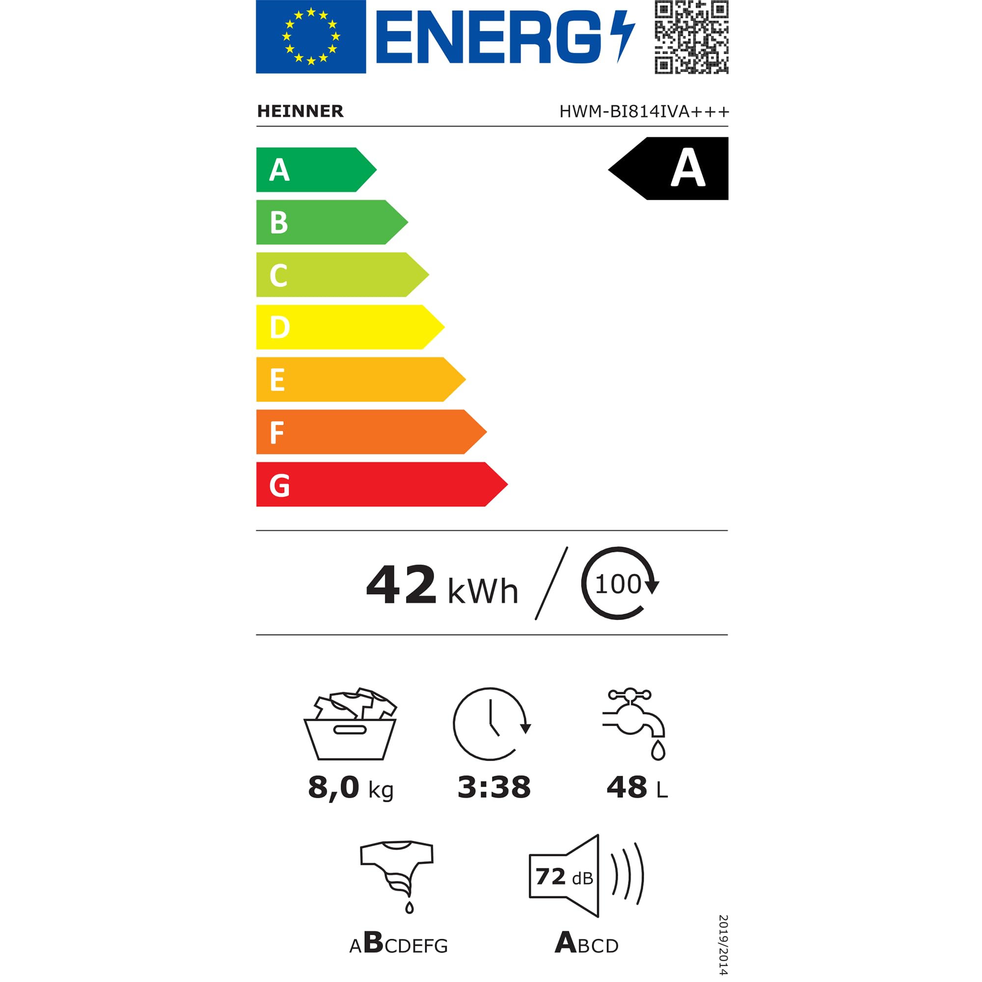 HWM-BI814IVA+++ Einbauwaschmaschine – 8 kg – 1400 U/min – Energieklasse A – Motor Inverter – 15 Programme – Weiß – 5 Jahre Garantie