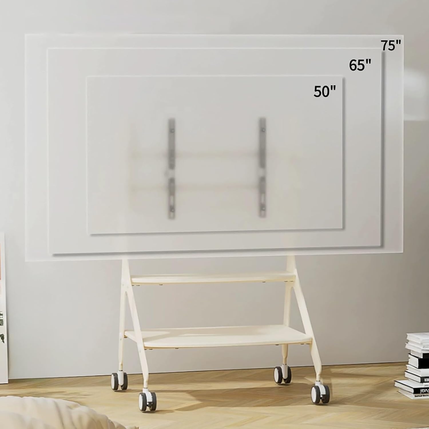 Mobile TV Stand, Mobile TV Cart with Wheels, Rolling Floor TV Stand with 2 Tier Storage Shelf, TV Mount for 50-75 Inch TV, TV Height Adjustable, Tilt TV Floor Mount
