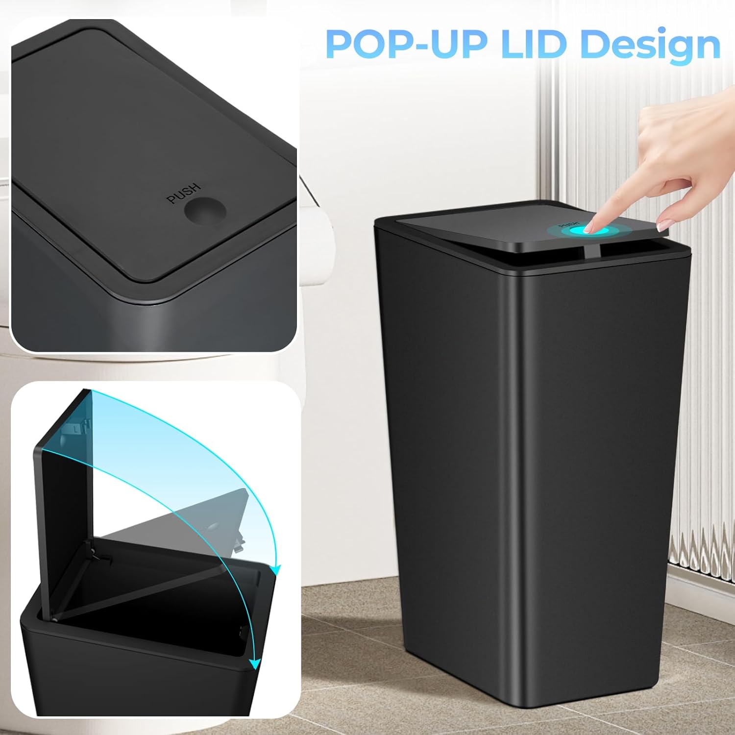 3 Pack 4 Gallon Bathroom Small Trash Can with Lid, 15L Slim Garbage Bin Wastebasket with Pop-Up Lid for Bedroom, Office, Kitchen, Dorm, Fits Under Desk