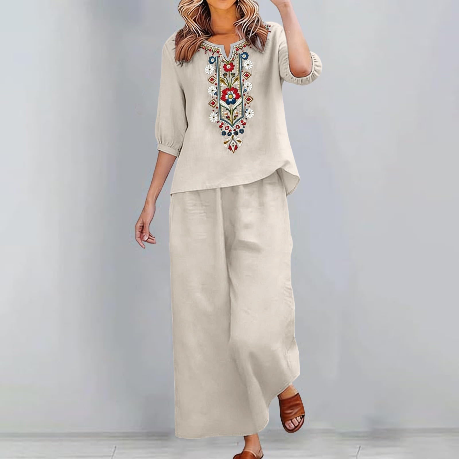 Conjunto Chandal Deportivo Mujer Verano Moda Algodón y Lino Suelto Pantalon y Blusa 2026 Fresco y Transpirable Vacaciones Ropa para El Hogar Fiesta Oficina Negocios Vestir Playa