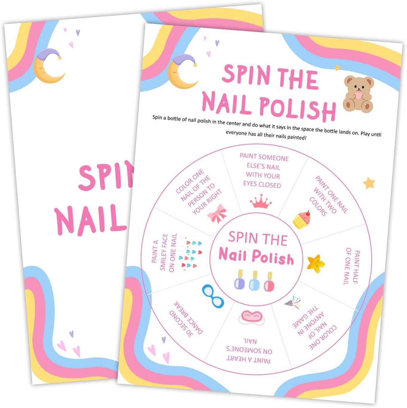 Spin the Nail Polish - Slumber Party Supplies for Girls' Pajama Party Favor, Set of 20 Sleepover Game Cards for Teen & Adult Birthday Activity /SY02