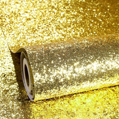 ReWallpaper Papel pintado dorado para muebles de mesa, armarios, cómodas, 40 cm x 7 m, lámina de cocina, autoadhesiva, purpurina, papel pintado, salón, pasillo, dorado, lámina de purpurina