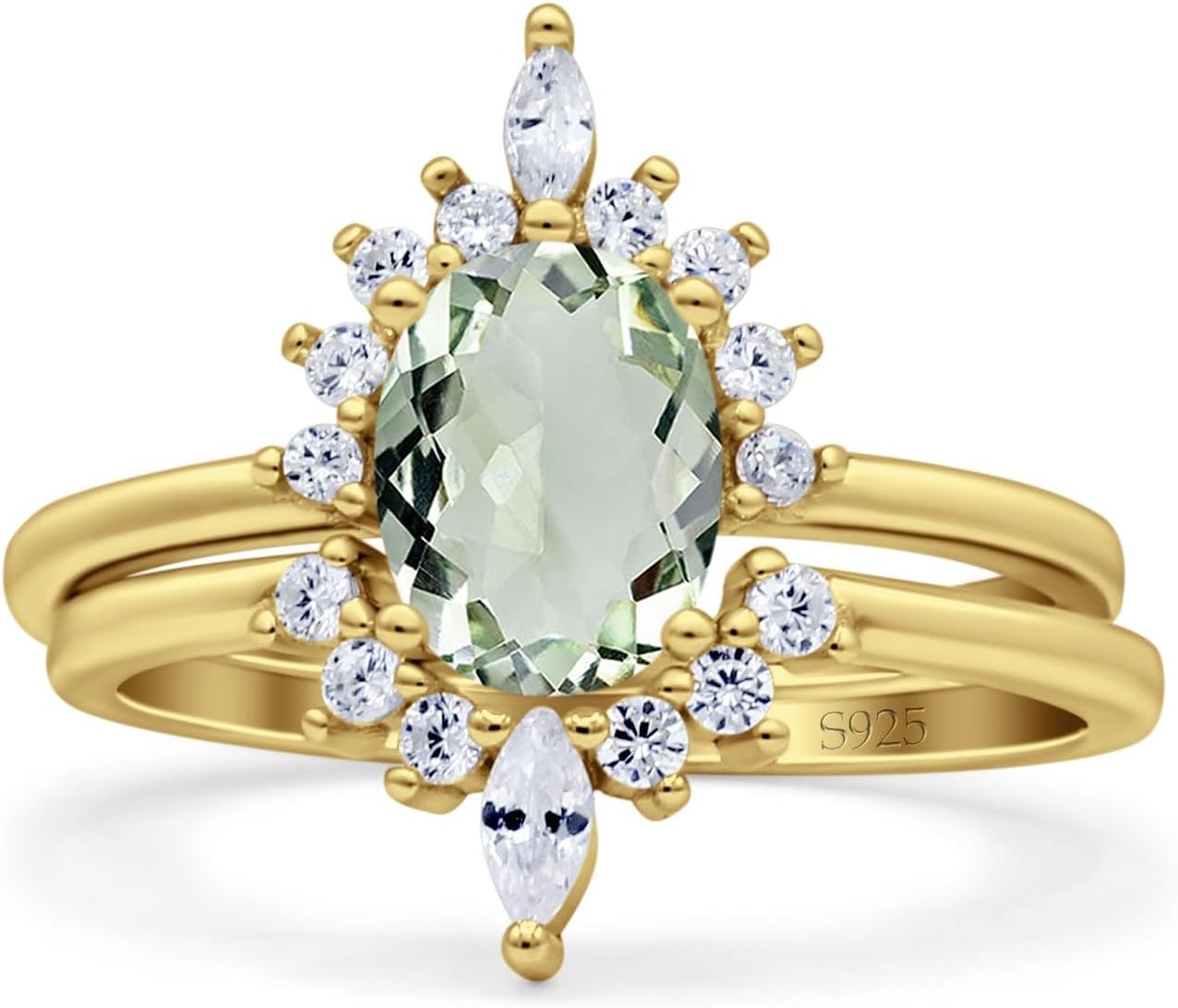 OMRANII Art Deco Two Piece Oval Natural Green Amethyst Prasiolite Marquise Style Cluster Cubic Zirconia Ring Curved Contour Band Bridal Wedding Set Solid 925 Sterling Silver Gift For Her
