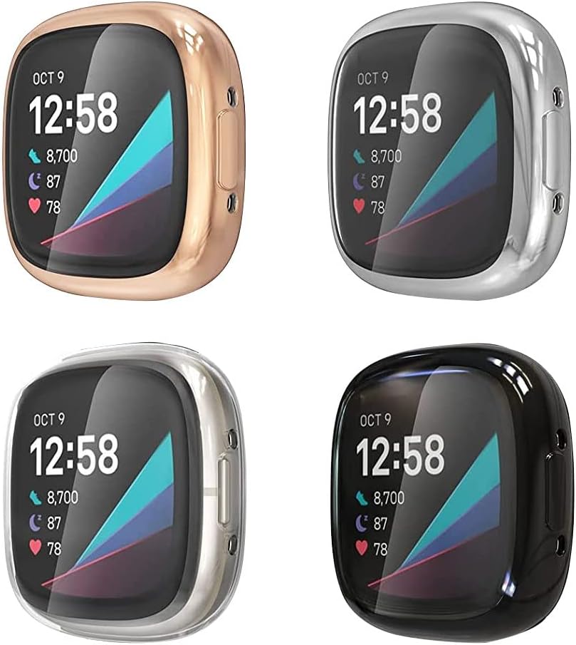 [4 Pack] Sankel Compatible for Fitbit Versa 4/Sense 2 Screen Protector Case,All-Around Protective Cover Solf TPU Bumper Protective Cases for Sense 2/Versa 4 Smartwatch (Rosegold+Silver+Black+Clear)