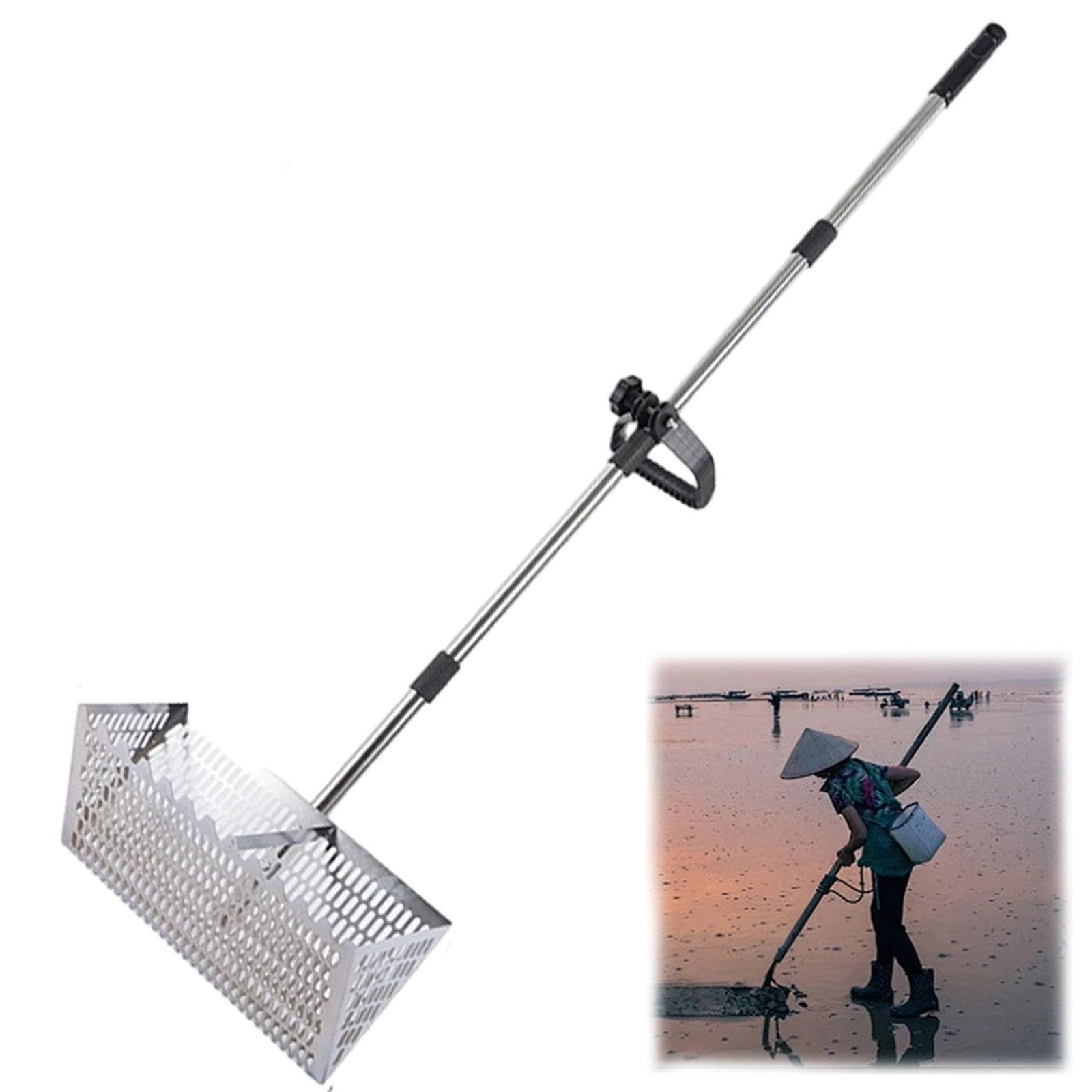 Generisch Sandflohharke Groß Edelstahl Strandsand Sieb mit 141cm Langem Griff und 40x18cm Korb, Sandrechen mit langem Griff, Faltbarer Sandflöhefänger für Reisen, Abnehmbarer Strand-Sandsieb