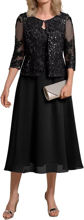 Formal Mother of The Bride Dresses with Jacket Black 3/4 Sleeves Lace Chiffon 2 Piece Tea Length Mother of The Groom Dresses for Wedding US14