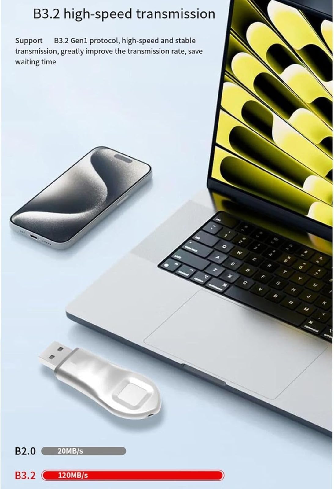 Unidad flash USB cifrada por huellas dactilares, memoria USB 3.2 de alta velocidad con doble seguridad, transferencia rápida de 120 MB/s para uso comercial y personal
