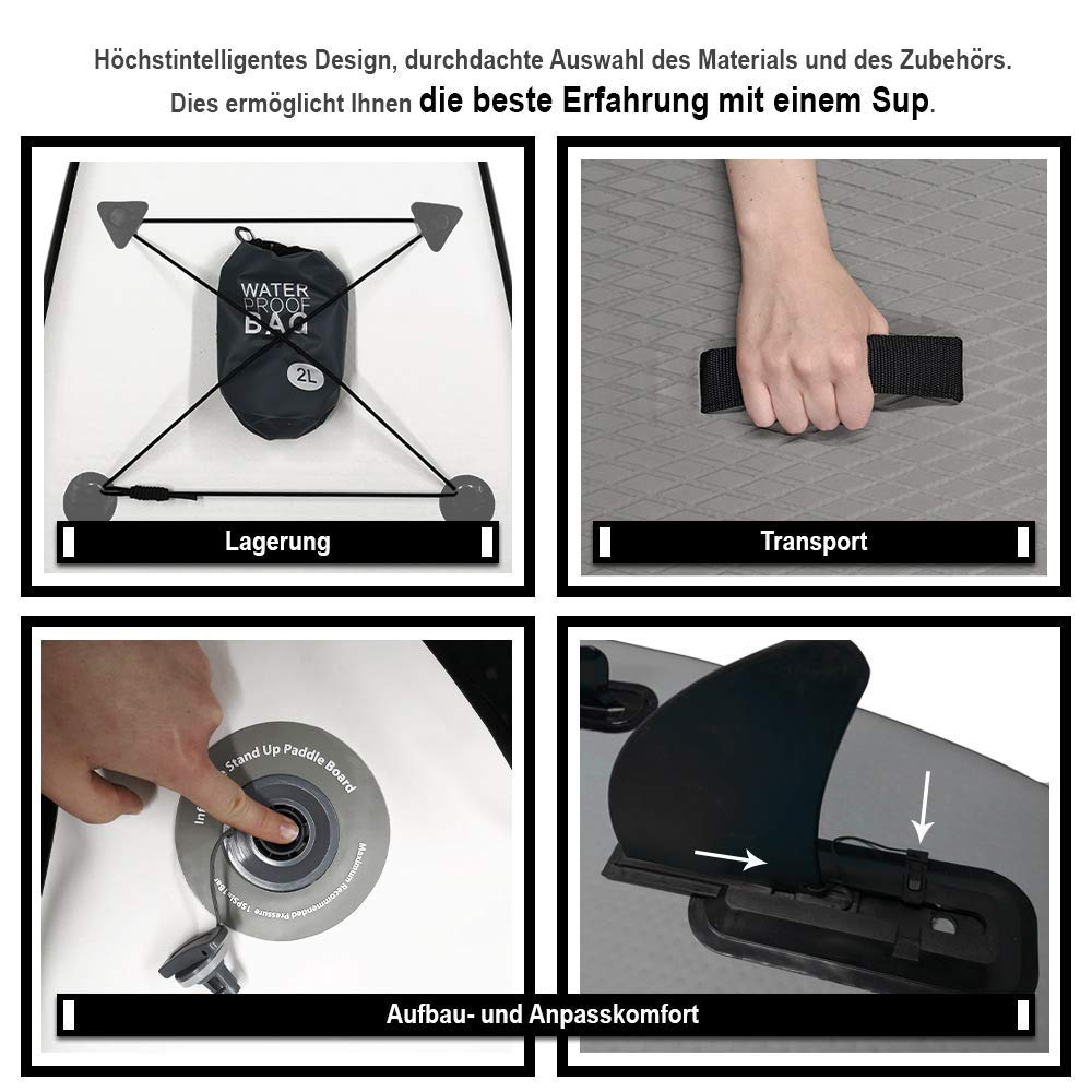 Professionelles Stand up Paddel Board mit Segel - SUP von XQ Max - 305-320cm - komplettes Set mit Pumpe, Flickwerkzeug, Fußleine und verstellbarem Paddel