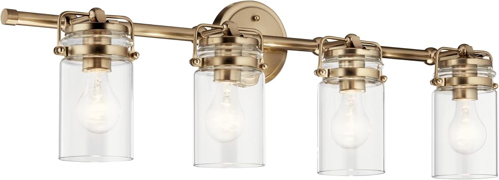 Kichler Brinley 4-Light Bathroom Vanity Light Fixture with Clear Glass in Champagne Bronze, Industrial Farmhouse Style for Mirror Lighting 32.5" x 10.25" x 6.75", 45690CPZ