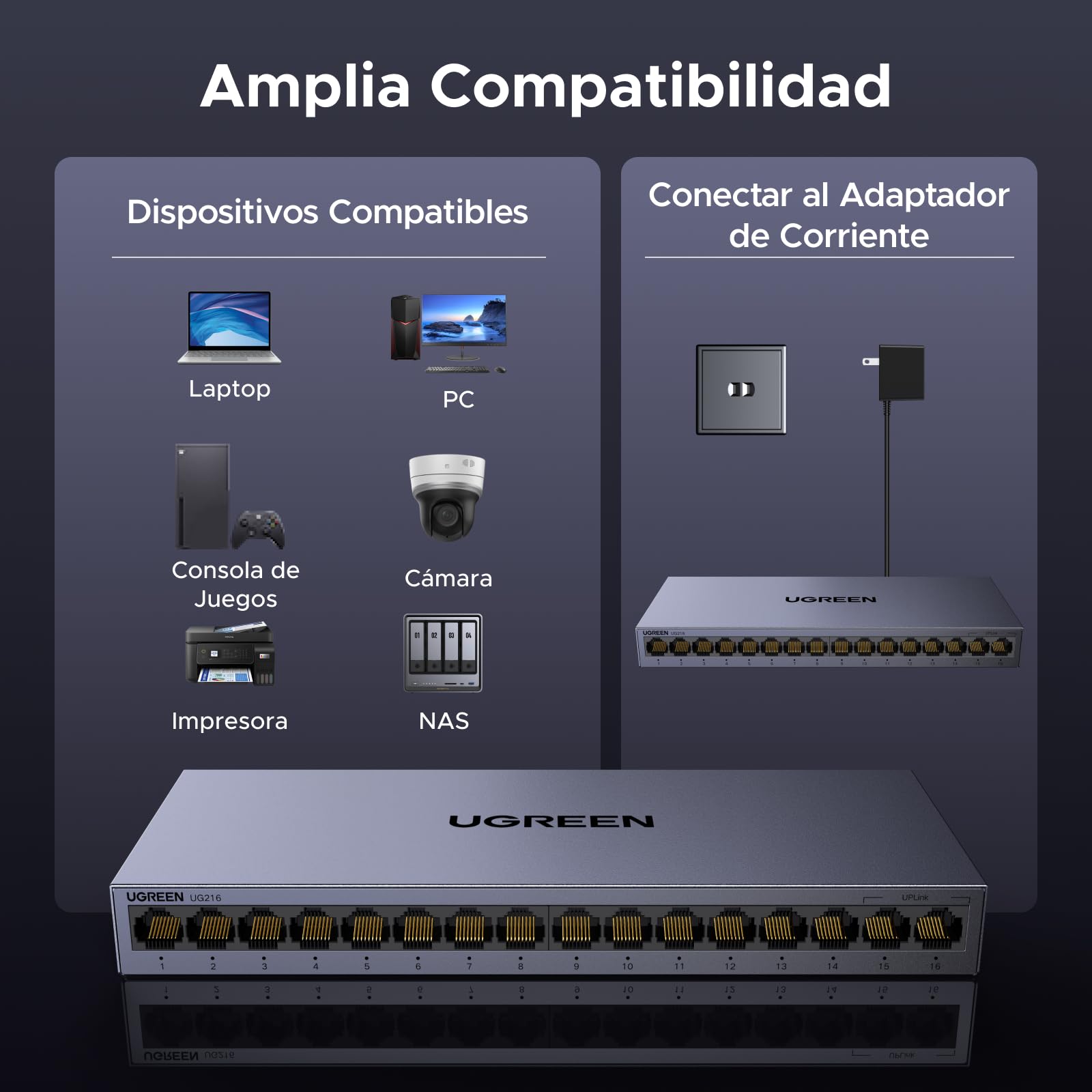 UGREEN Switch Gigabit 16 Puertos Velocidad Automática de 10/100/1000 Mbps | No Gestionado RJ45 Plug and Play VLAN Carcasa Metálica Conmutador Ethernet para TV Laptop Switch Router Monitor