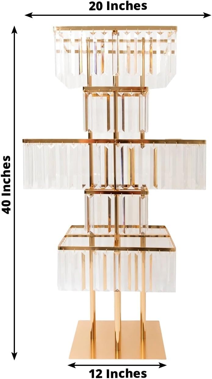 Efavormart Crystal Pendant 5-Tier Table Centerpiece Chandelier in Gold, 40" Flower Stand Metal Vase Square Pedestal with Hanging Crystals
