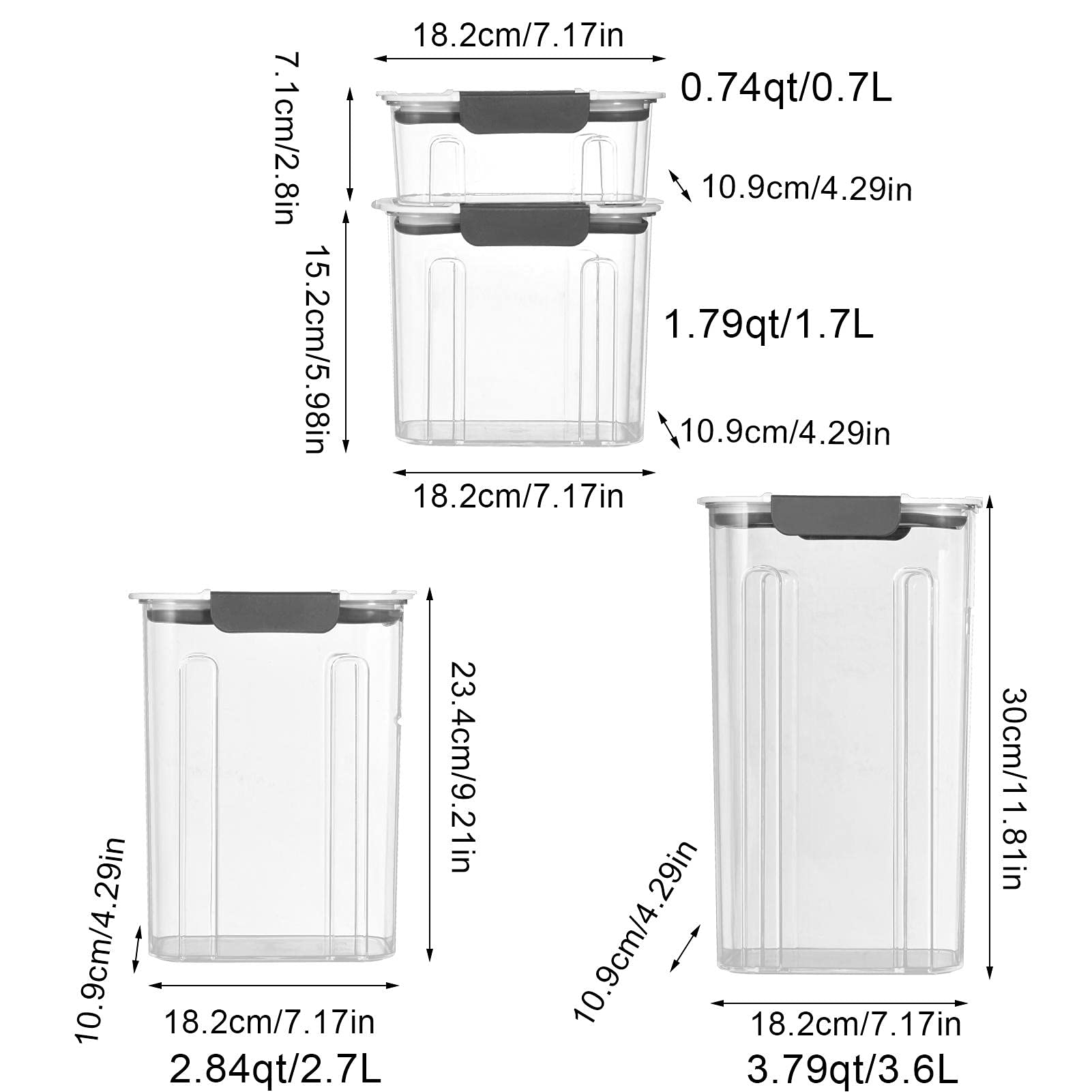 Set di 4 barattoli con coperchio, ermetici, angolari, 0,7/1,7/2,7/3,6 l, barattoli di stoccaggio per conservare pasta, muesli, riso, farina, mangimi
