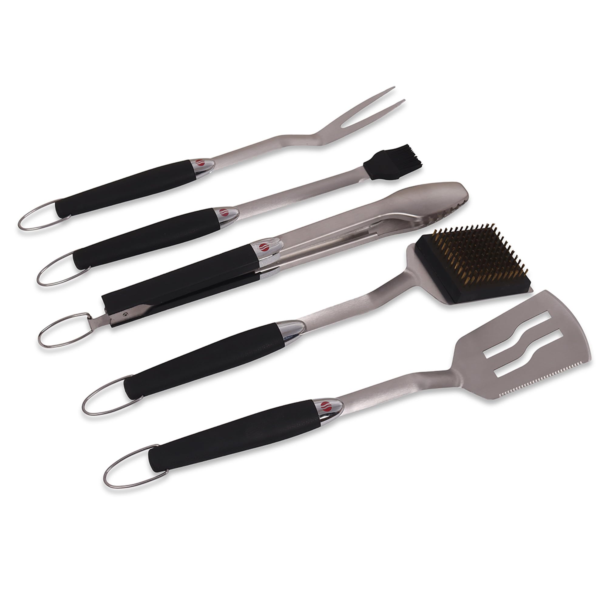 Grillstream Barbecue Accessories 5 Piece Tool Set, Durable Spatula, Tongs, Cleaning Brush, Basting Brush & Fork with Easy-Grip Handles