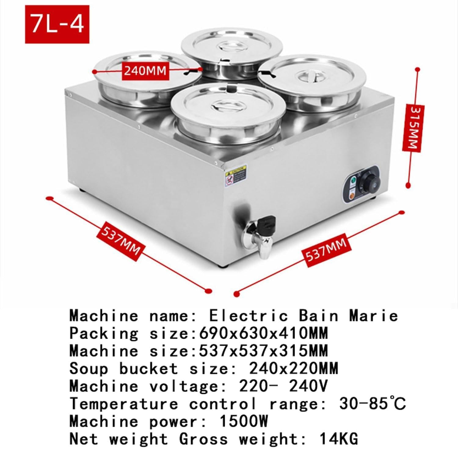 Calentador comercial de comida de mesa de vapor Bain Marie 1500W, 4x7L para restaurantes de catering.Protector de sopa eléctrico 110-240V con control de temperatura.Servidor de buffet de acero inserbl