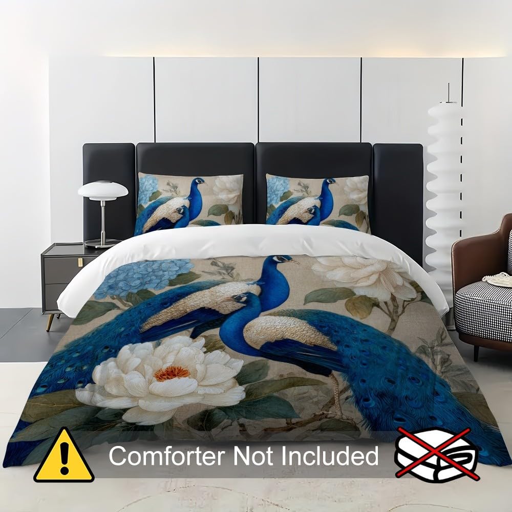 Pawie kwiaty retro poszewki na kołdrę Pościel 240 x 220 cm miękka wygodna niebieska mikrofibra poszewka na kołdrę zestaw pościeli z zamkiem błyskawicznym na wszystkie pory roku 3 sztuki