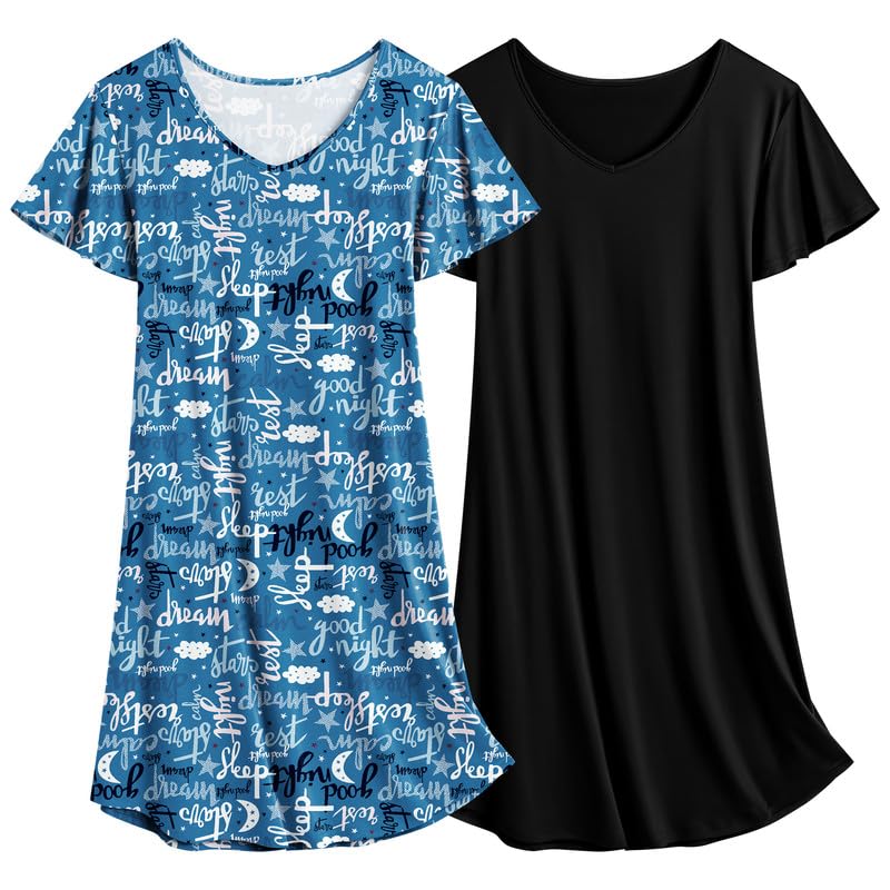 Image of Ekouaer 2 Pack Nightgowns for Women Short Sleeve Nightshirt Soft Sleepdress