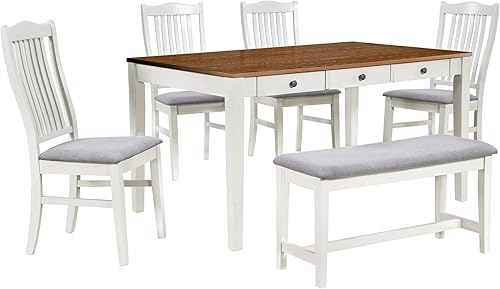 Miniatura 9 de Mid-Century - Juego de mesa de comedor de 6 piezas con banco para 6, mesa de comedor rectangular de madera con banco y 4 sillas tapizadas