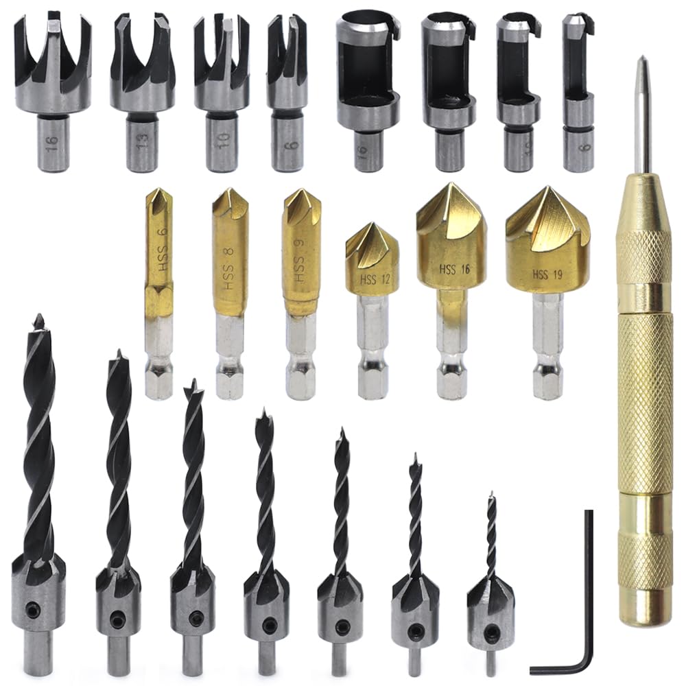 GYSRXS 23 Piece Countersink Drill Bit Set 6×Countersink 7×Trend Drill Bits 8×Wood Plug Cutter with 1×Center Punch and 1×Hexagonal Wrench Tool,for Wood Processing