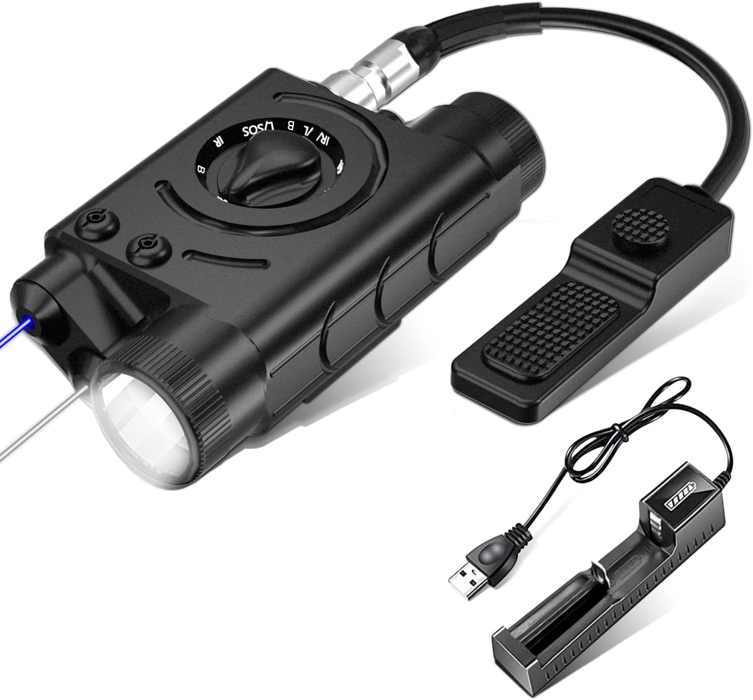 XK68B 1000 Lumens White LED Flashlight+Invisible IR Laser+Visible Blue Laser Combo Fit Night Vision Goggles, Suitable for 20mm Picatinny Rail AEG GBB CQB | 3000mAh Rechargeable Battery