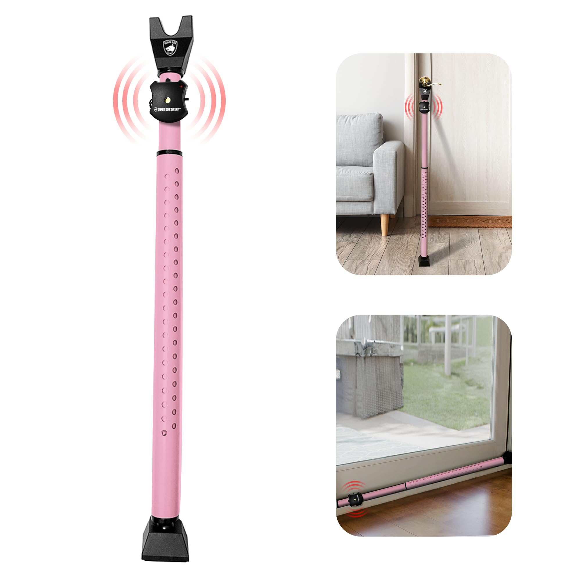 (2 pcs)Guard Dog Security Door Jammer 2-in-1 Adjustable Door Knob Jammer & Sliding Patio Door Security Bar – 40 Different adjustments (Pink w/Alarm)