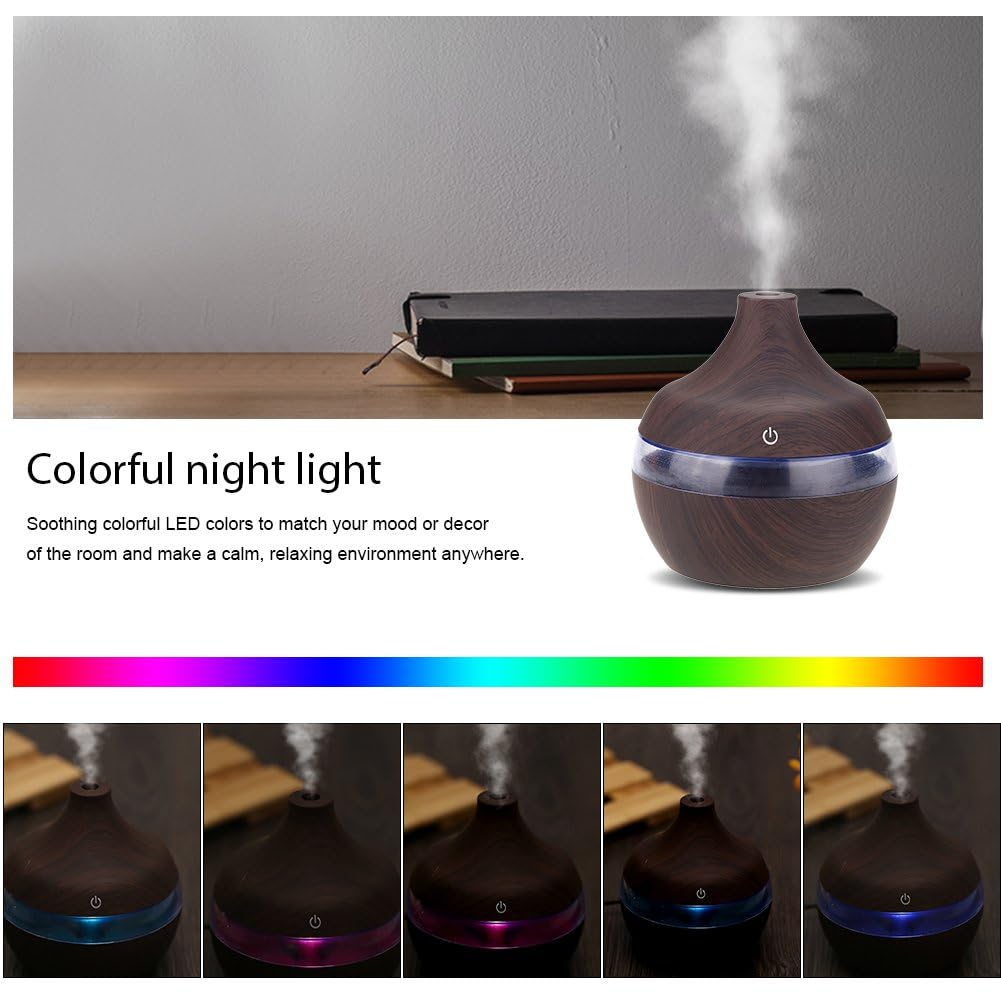 mobigon Wood Cool Mist Ultrasonic Humidifier for Room Moisture, Aroma Diffuser for Home, 300ml Essential Oil Diffuser with 7 Colorful Night Light, Auto Shut-Off, Home, Office, car (D. Dark Brown)