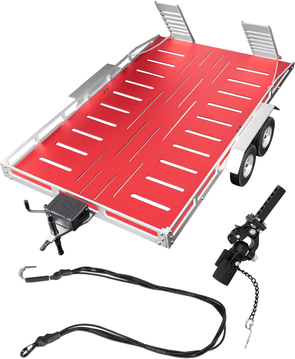 RC Flatbed Trailer Kit Upgrades Part for 1/8 1/10 RC Crawler SCX10 TRX4 TRX6 Red cat GEN8 D90 Wrangler,Alloy Aluminium Trailer w/ Trailer Hook Coupler & Kinetic Winch Strap,Silver w Red