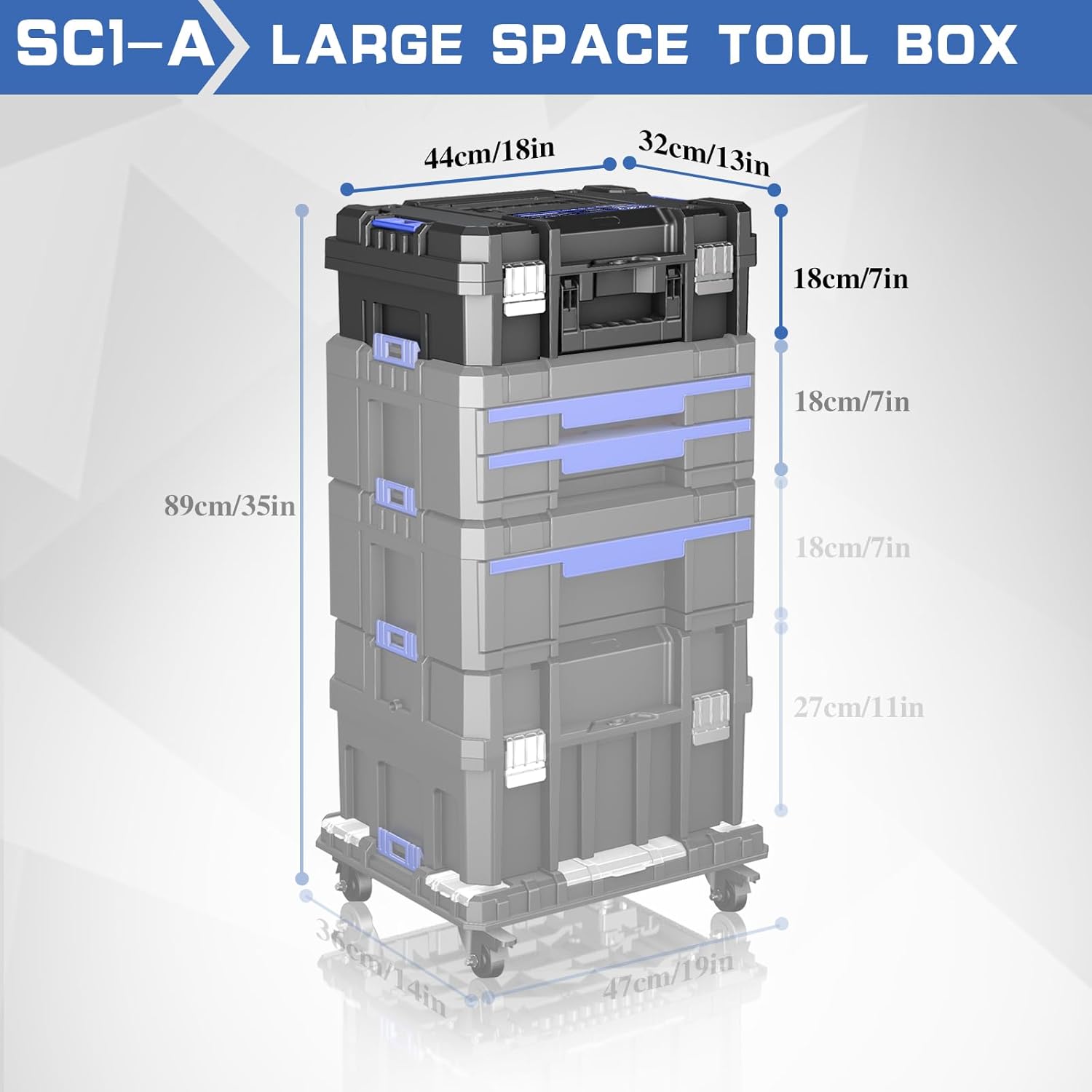 18 Inch Flat Top Tool Box | AIRAJ Stackable Modular Tool Organizer Box Storage System | Garage Storage | Home Repair | Professional Use | (SC1-A)