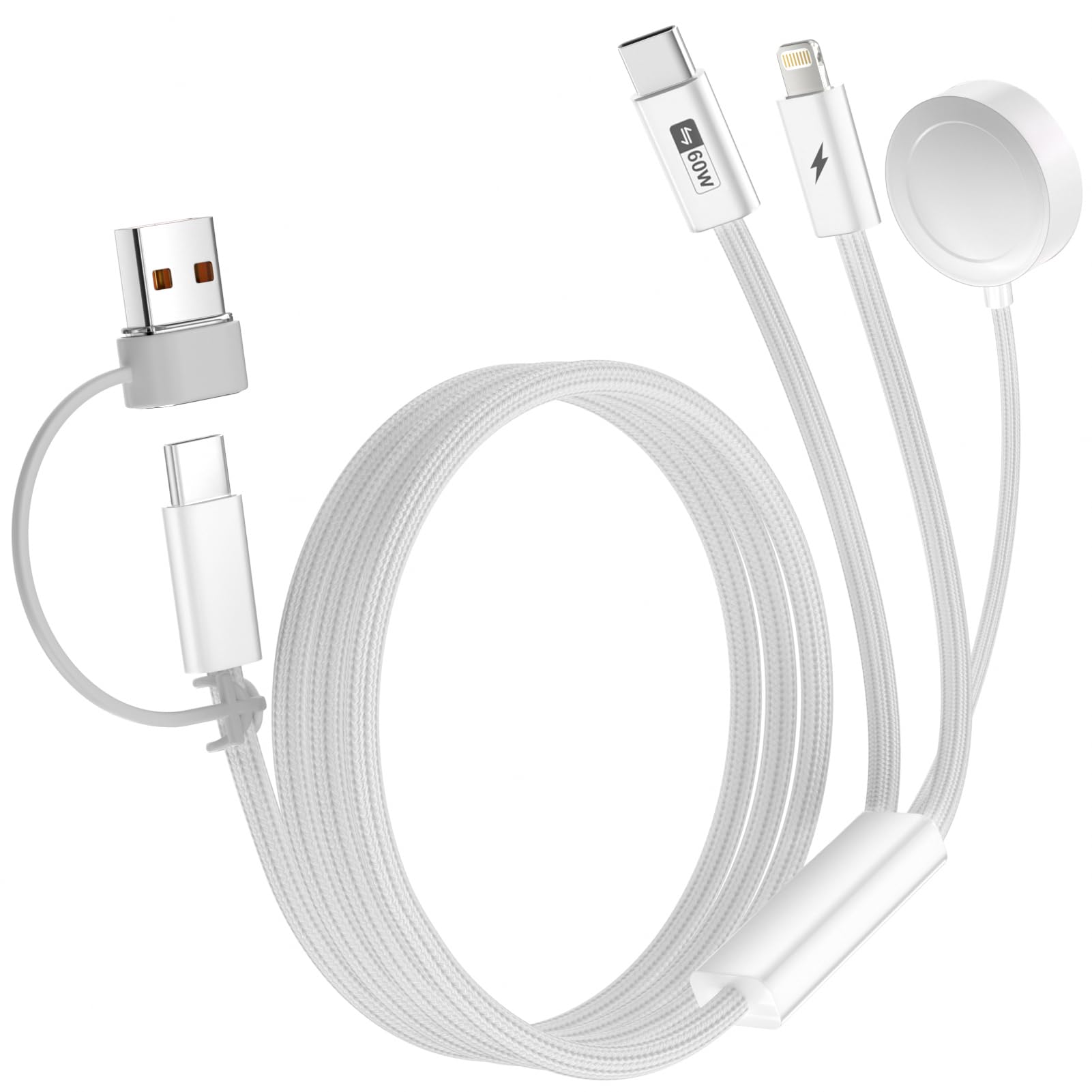 Esiposs 3 in 2 Ladekabel Magnetische für Apple Watch Ladegerät 1.5M, Multi Ladekabel 60W USB C Schnellladegerät Lightning Kabel für i Phone 17/16/1514/13/12 i Pad, i Watch Ultra/SE/11/10/9/8, Weiß