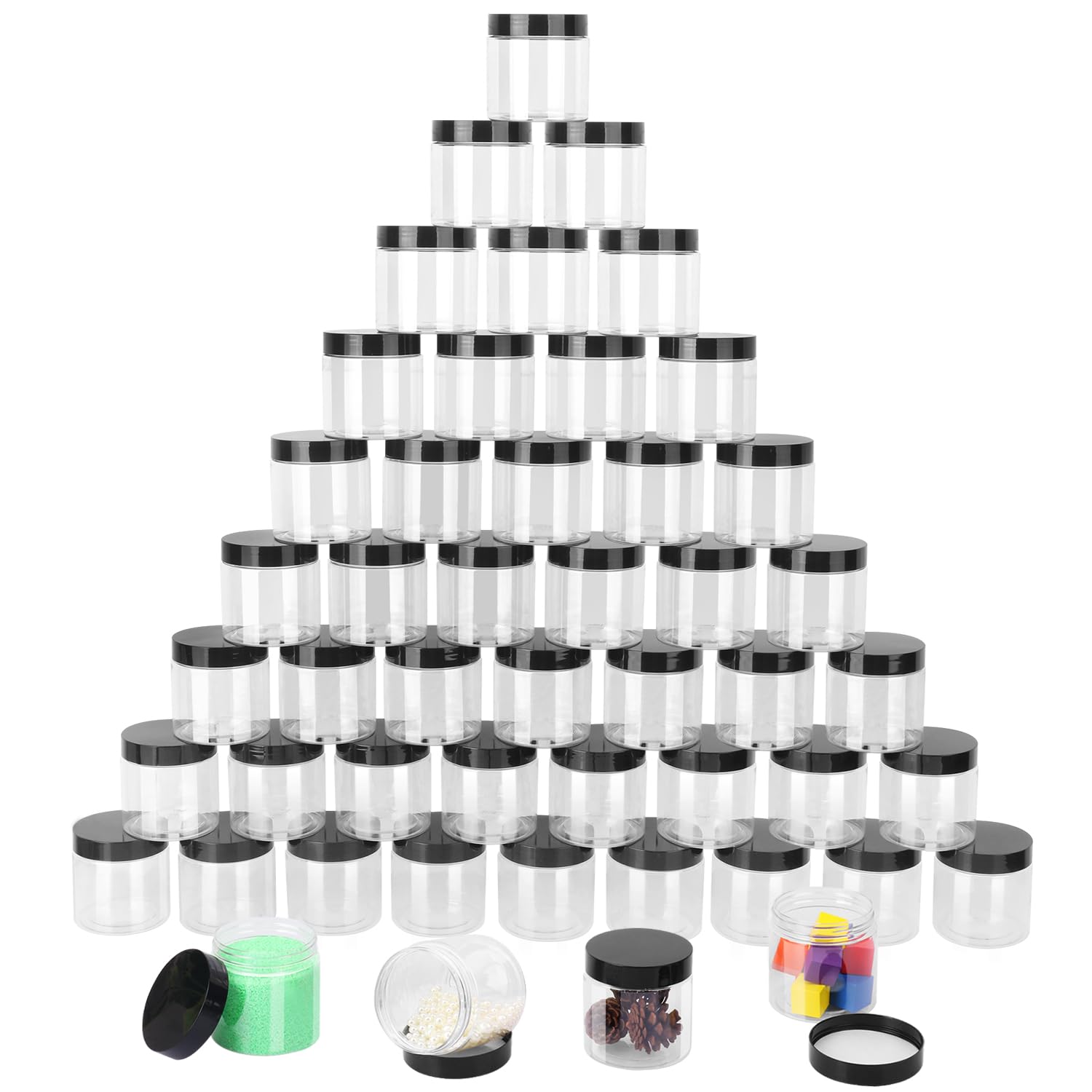 Confezione da 48 barattoli in plastica trasparente da 170 g con coperchio nero, contenitori per burro per il corpo, contenitori per cosmetici, per ingredienti da cucina, perline, paillettes, lozioni