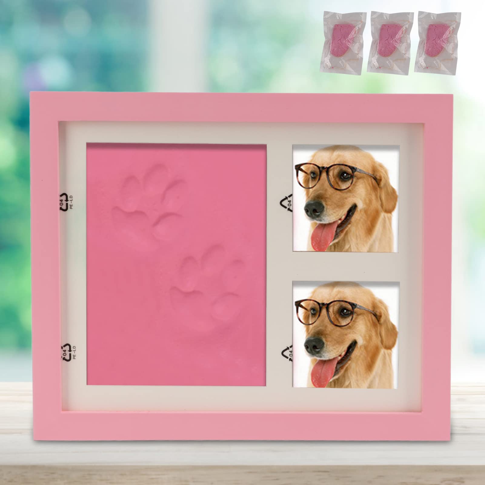 Kit de impresión de marco de fotos conmemorativo para mascotas, marco de fotos de recuerdo de y gato, kit de huellas de mascotas con arcilla, marco de fotos de madera para (marco rosa)