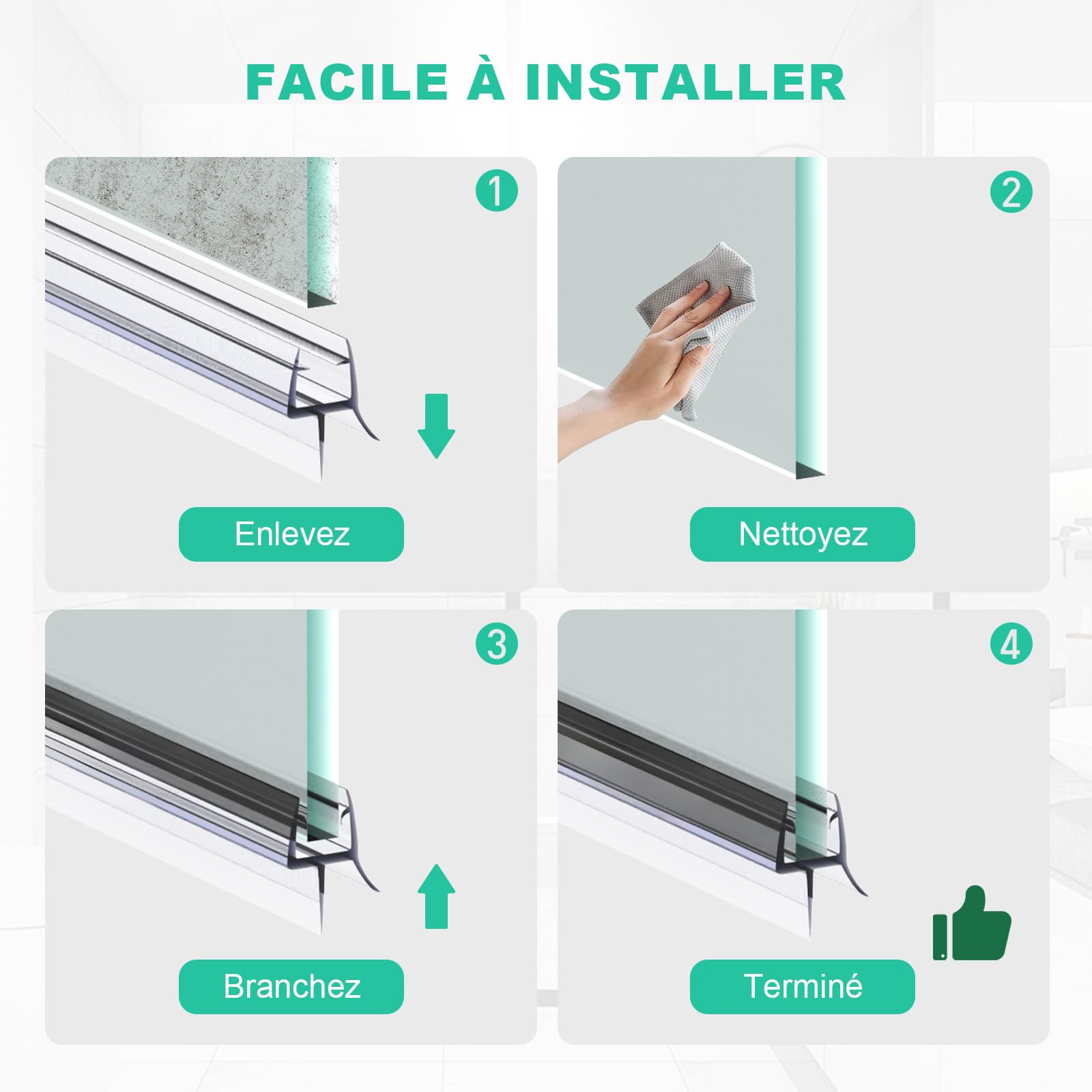 SURFOU Lot de 2 bandes d'étanchéité transparentes de 100 cm pour porte de douche de 6 mm/7 mm/8 mm d'épaisseur - Couvre un écart jusqu'à 12 mm - Bande de joint de rechange réglable