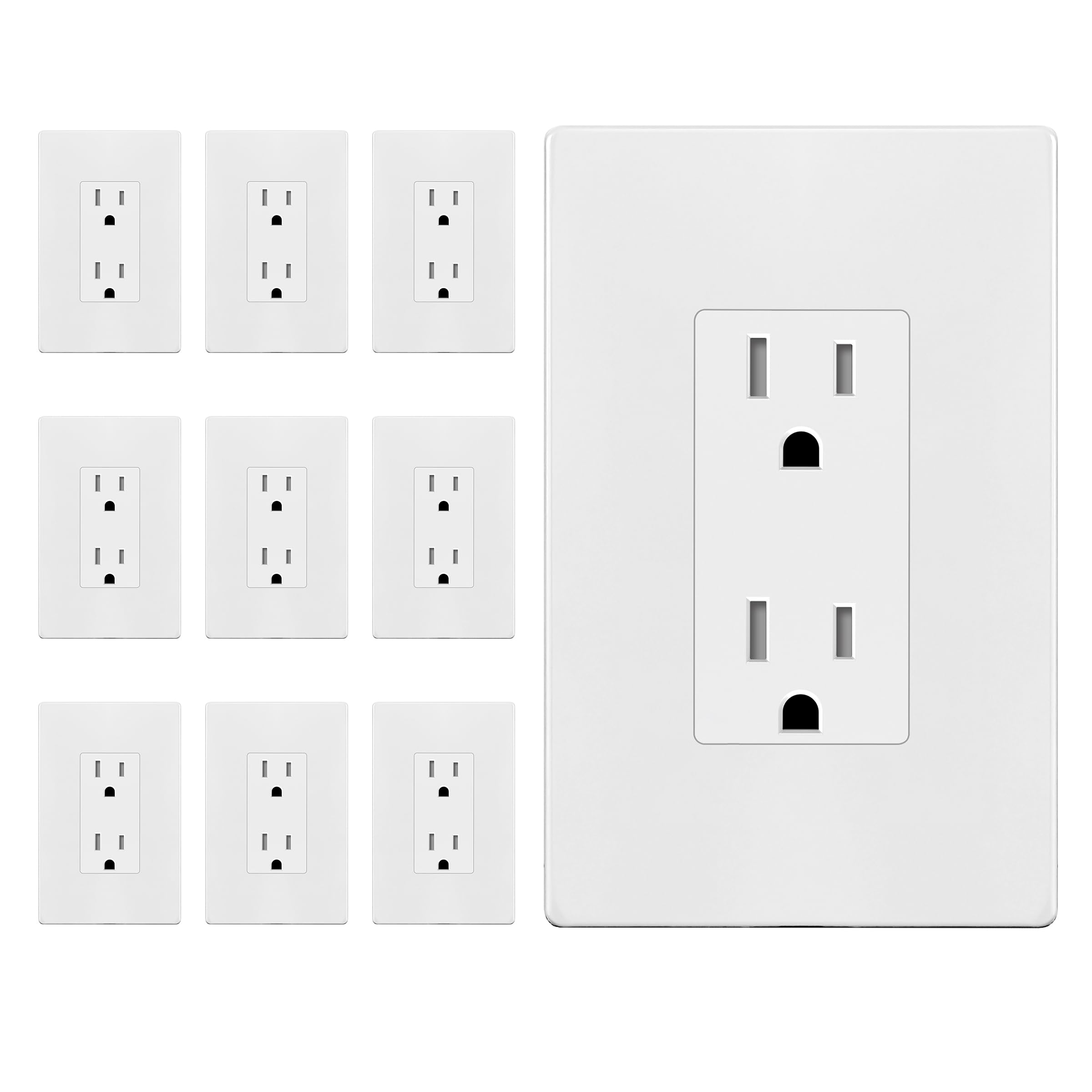 ENERLITES Matte White Decorator Receptacle with Screwless Wall Plate, Standard Electrical Wall Outlet, 15A 125V, Self-Grounding, 2-Pole, 3-Wire, UL Listed, 61502-TR-MWSID, 10 Pack, Tamper Resistant