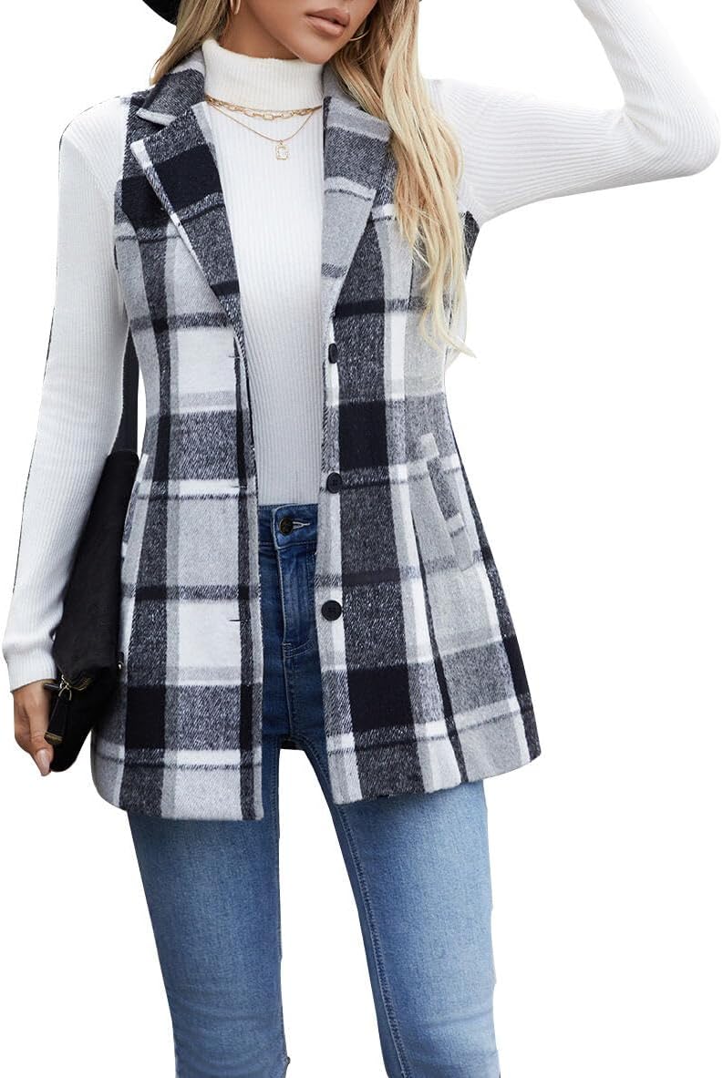 olrain Women Flannel Plaid Sleeveless Blazer Vest Lapel Neck Button Down Long Jacket Outwear Coat With Pockets Fall Winter